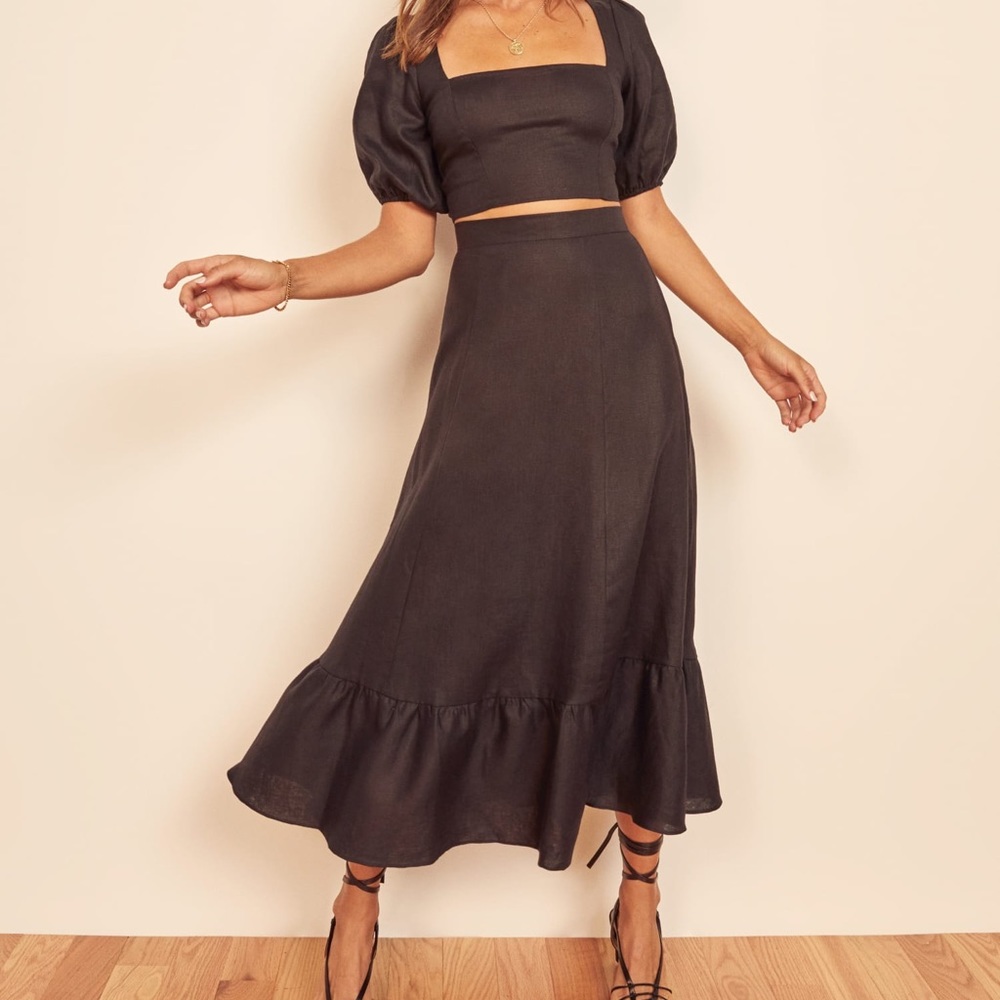 Reformation Yucca Linen Two Piece Set, Black, Linen, Midi Skirt, Crop top, six 6